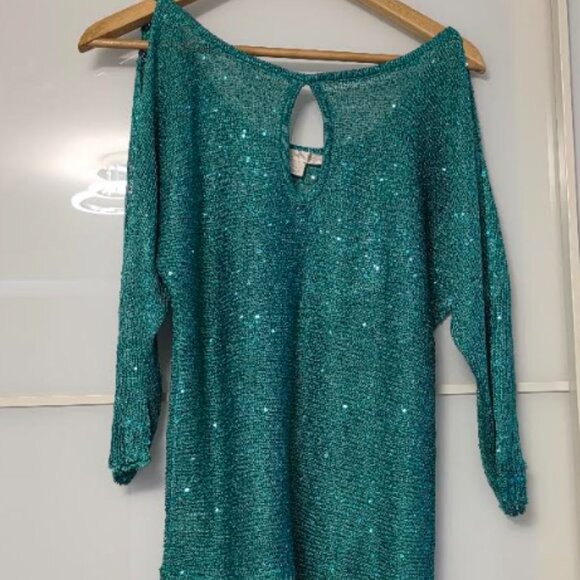 Women fancy festive lurex knitted holiday sparkle Blouse green/teal color - Picture 4 of 4